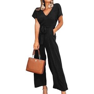 ECOWISH Tie Waist V Neck Wide Leg Pants Casual Jumpsuit Sz L
